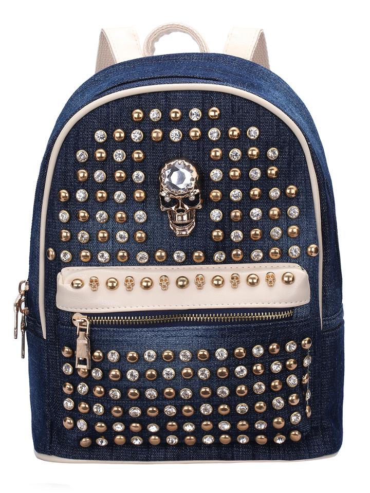 Shein Blue Zipper Studded Skull Denim Backpack