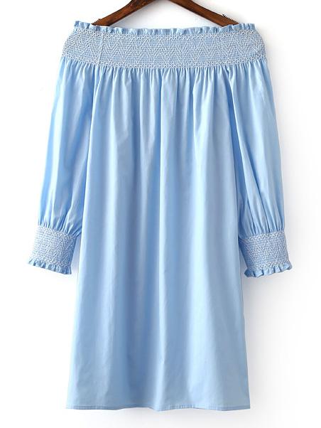 Shein Blue Long Sleeve Smock Boat Neck Dress