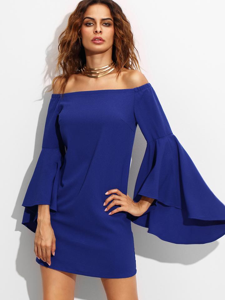 Shein Royal Blue Off The Shoulder Big Bell Sleeve Dress