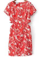 Shein Red Melon Short Sleeve Leaves Print Midriff Dress