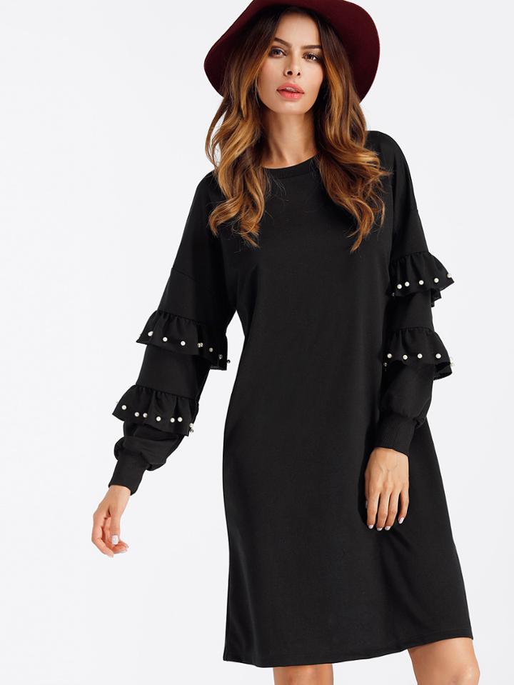 Shein Frill Layered Pearl Detail Sweatshirt Dress