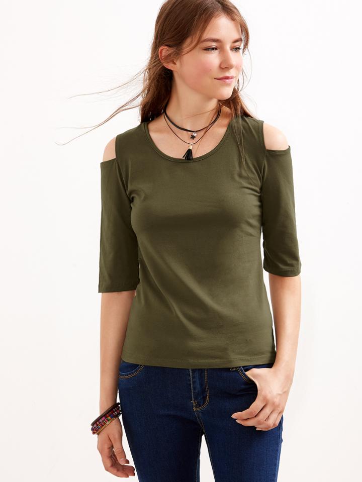 Shein Army Green Open Shoulder T-shirt