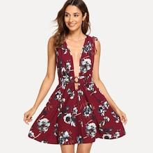 Shein Deep V Neck Tied Shoulder Floral Dress