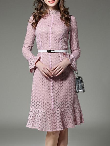 Shein Pink Belted Bell Sleeve Lace Dress
