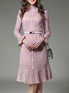 Shein Pink Belted Bell Sleeve Lace Dress