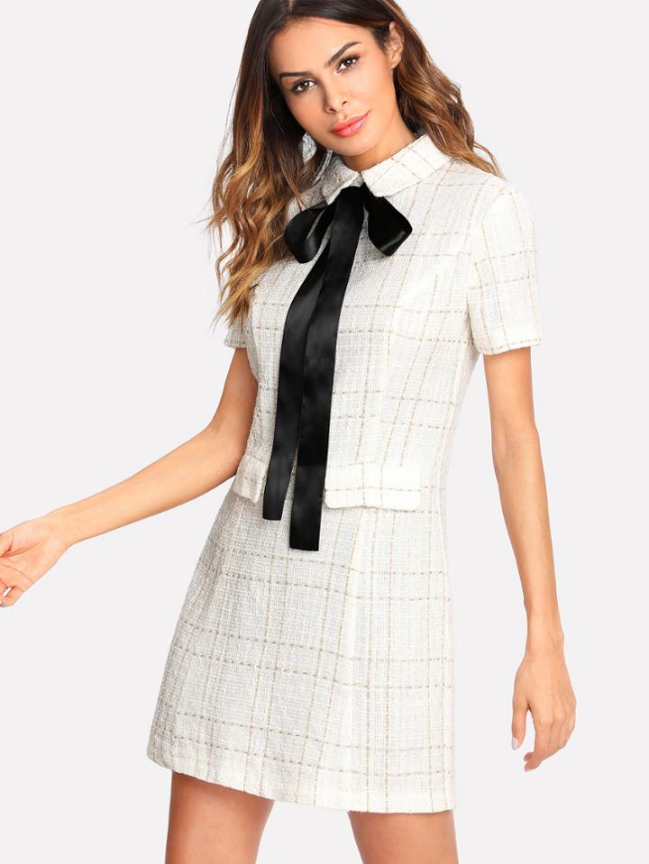 Shein Contrast Tie Neck Faux Pocket Tweed Dress