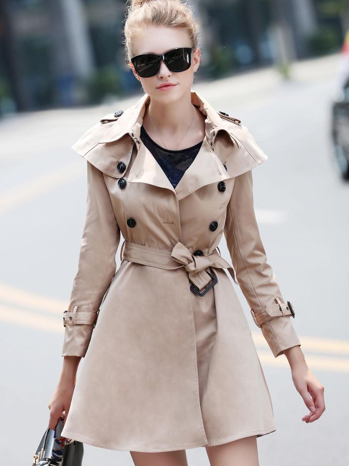 Shein Khaki Lapel Long Sleeve Drawstring Pockets Coat