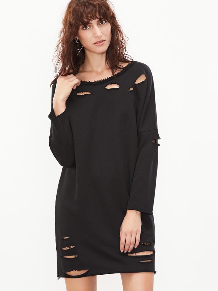 Shein Black Raw Trim Drop Shoulder Distressed Sweatshirt Dress