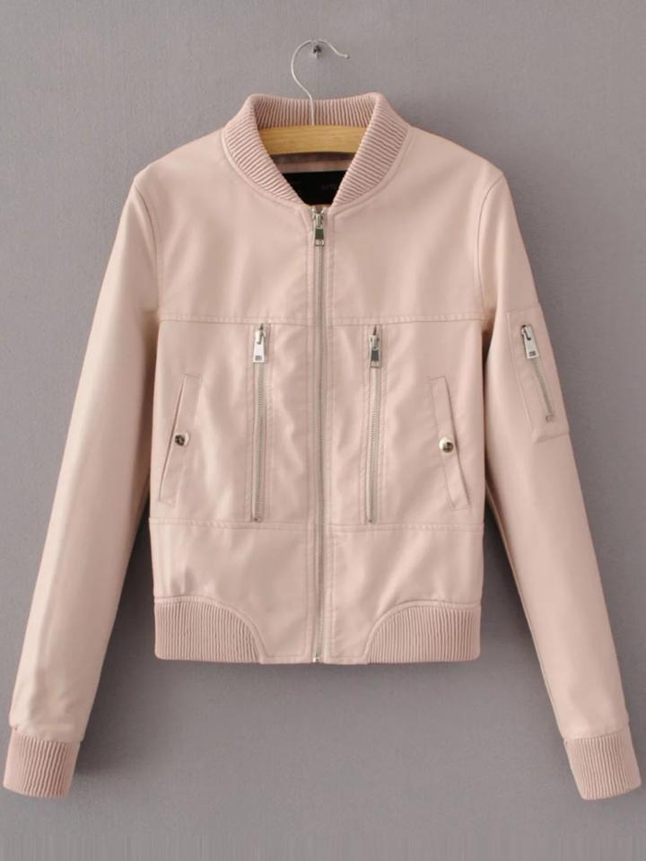 Shein Pink Ribbed Trim Zipper Up Pu Jacket
