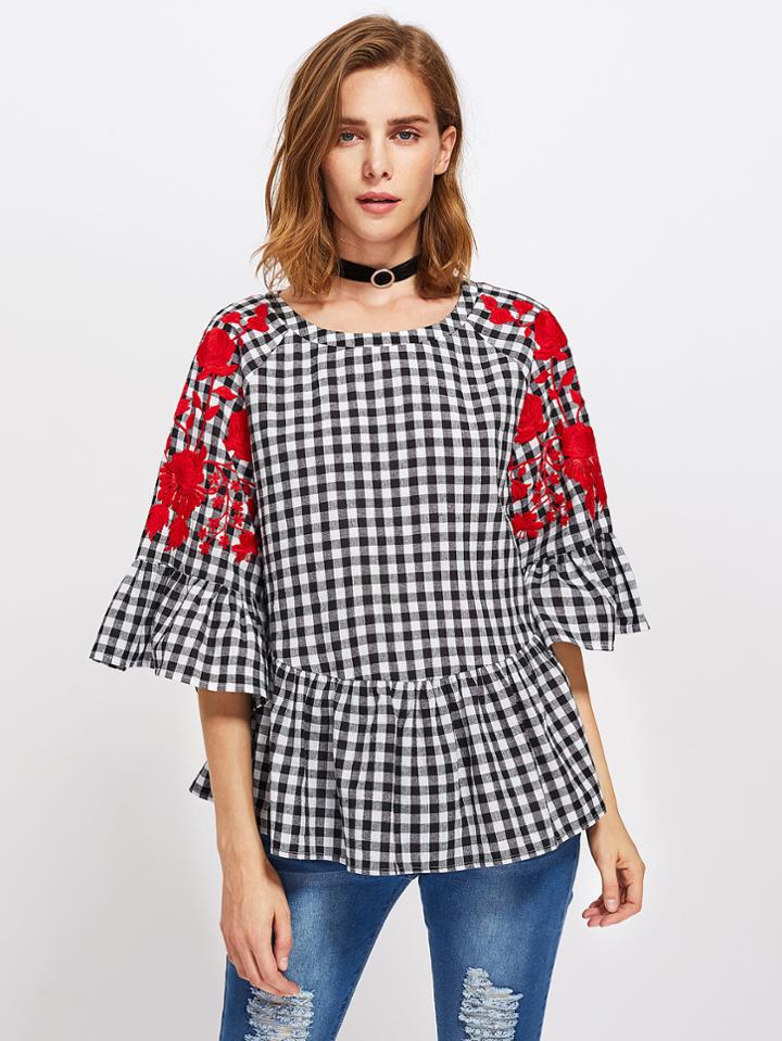 Shein Flower Embroidered Trumpet Sleeve Ruffle Hem Blouse