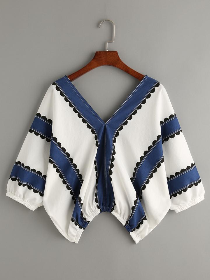 Shein Color Block V Neck Print Elastic Hem Crop Top