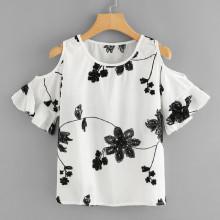 Shein Open Shoulder Floral Embroidered Blouse