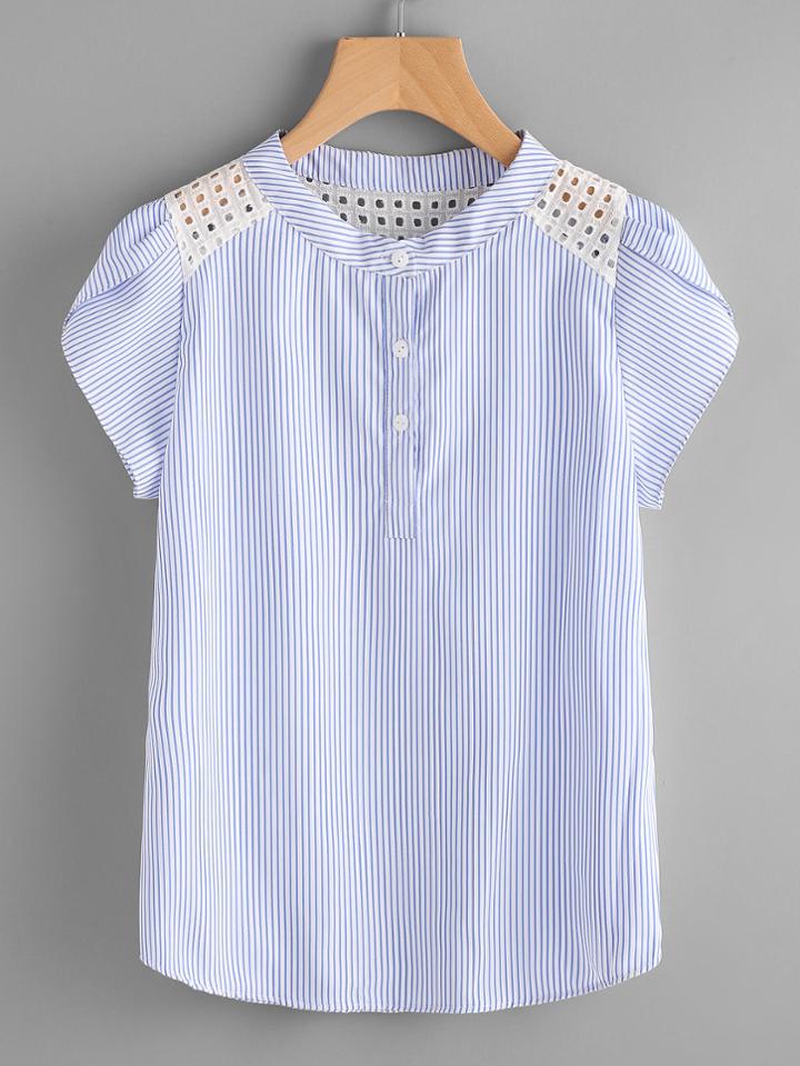 Shein Contrast Eyelet Embroidered Lace Petal Sleeve Blouse