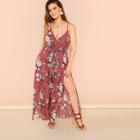 Shein Plus Self Belted Slit Flare Hem Floral Cami Jumpsuit