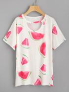 Shein Watercolor Watermelon Print Cut Out Front Tee