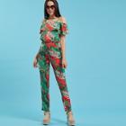Shein Palm Leaf Print Flounce Embellished Jumpsuit