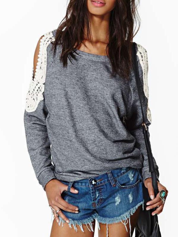 Shein Grey Off The Shoulder Lace Loose Sweatshirt
