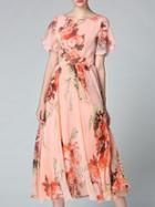 Shein Pink Crew Neck Ruffle Floral A-line Dress