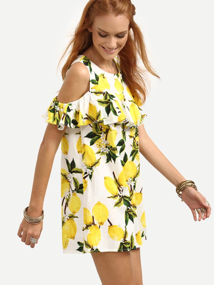 Shein Open Shoulder Ruffled Lemon Print Dress - Yellow