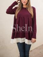 Shein Burgundy Long Sleeve With Lace T-shirt