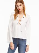Shein White Deep V Neck Eyelet Lace Up Top