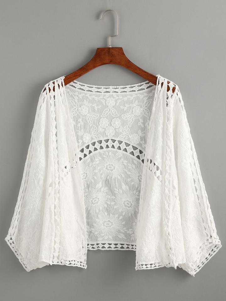 Shein White Bat Sleeve Embroidered Hollow Out Top