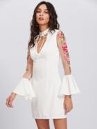 Shein Tie Neck Rose Embroidered Sleeve Dress
