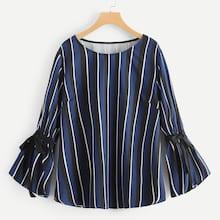 Shein Plus Striped Knot Detail Cuff Blouse