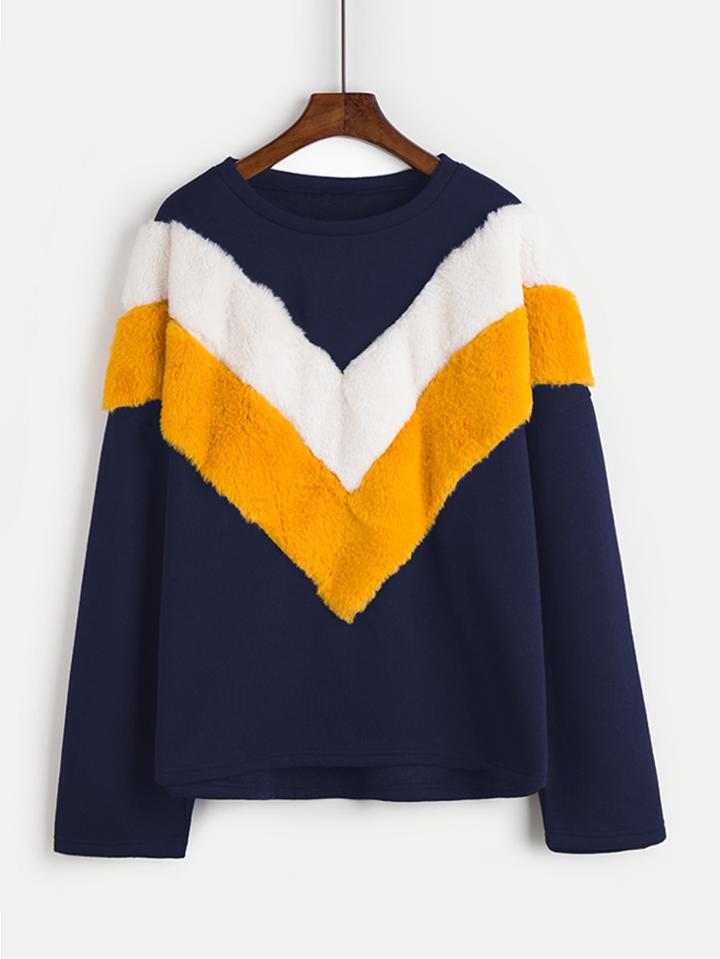Shein Contrast Faux Fur Chevron Panel Pullover