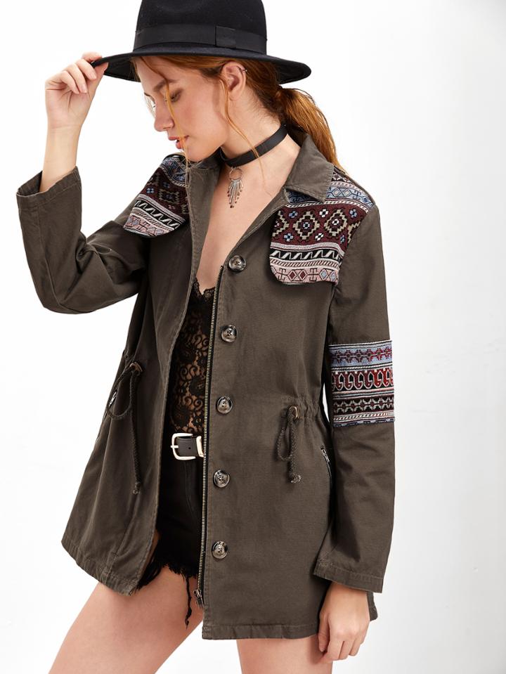 Shein Brown Tribal Pattern Gun Flap And Sleeve Drawstring Utility Jacket