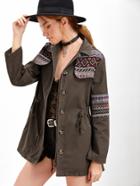 Shein Brown Tribal Pattern Gun Flap And Sleeve Drawstring Utility Jacket