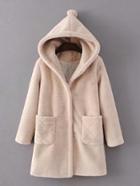 Shein Hooded Fuzzy Coat With Pom Detail