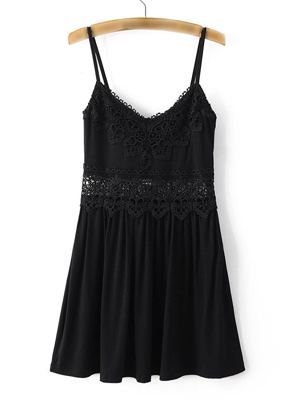 Shein Black Spaghetti Strap Crochet Pleated Top