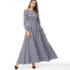 Shein Plaid Belted Bishop Sleeve Longline Dress