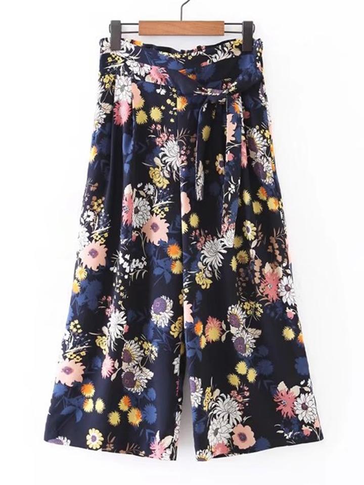Shein Tie Waist Floral Wide Leg Pants