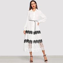 Shein Eyelash Lace Trim Embroidered Mesh Hem Shirt Dress