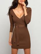 Shein Khaki V Neck Tie-waist Bodycon Dress