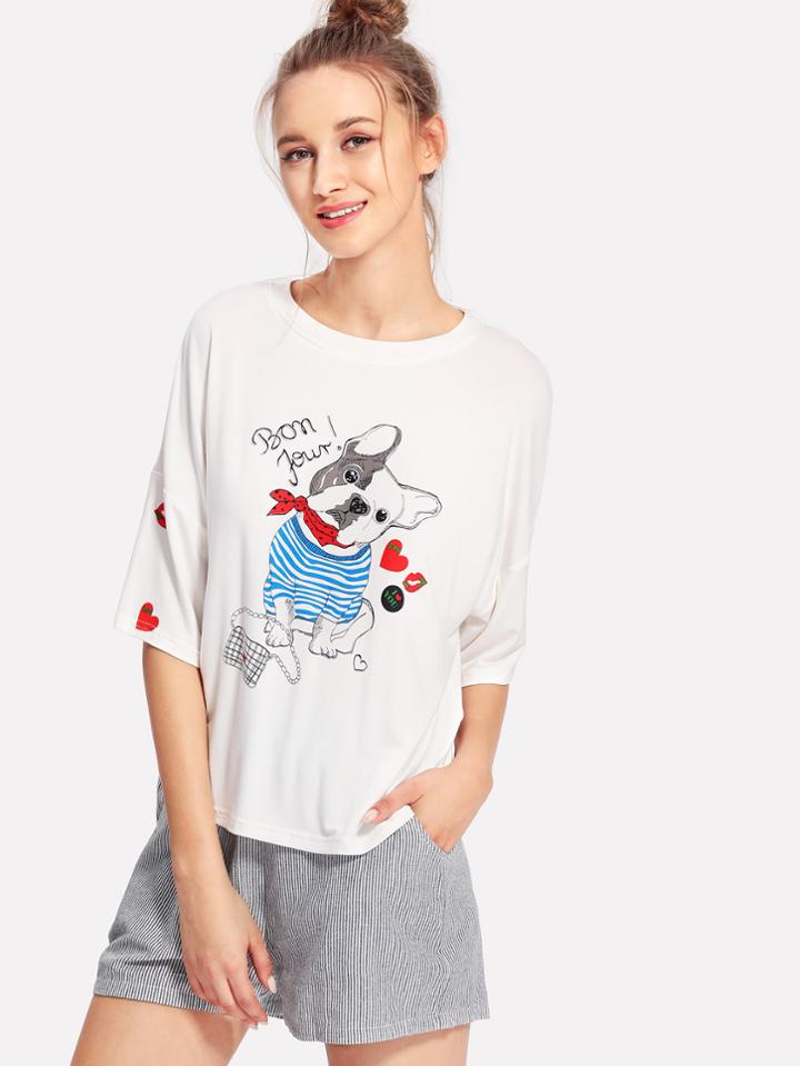 Shein Dog Print Tee & Striped Shorts Pj Set