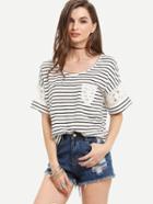 Shein Black White Striped Short Sleeve Pocket T-shirt