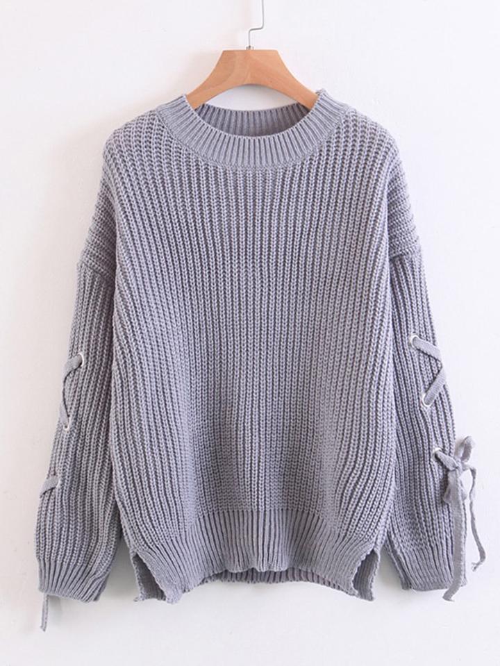 Shein Eyelet Lace Up Sleeve Side Slit Sweater