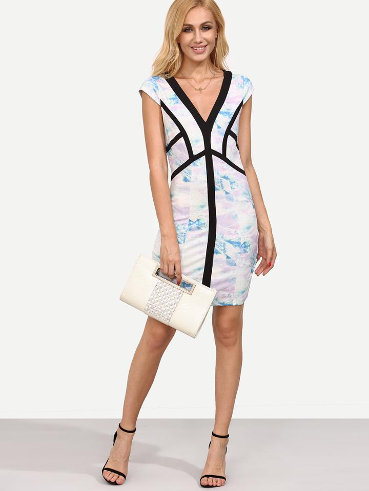Shein Multicolor Print V Neck Cap Sleeve Sheath Dress