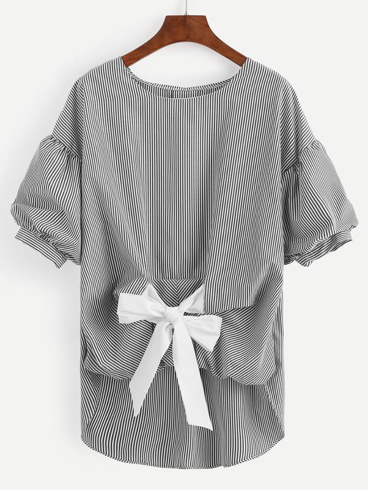Shein Black Striped Tie Front Lantern Sleeve Blouse