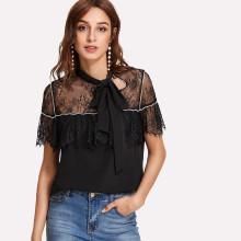 Shein Floral Lace Yoke Pearl Detail Top