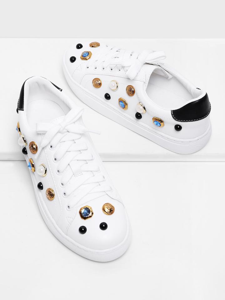 Shein Lace Up Round Toe Sneakers With Jewelry