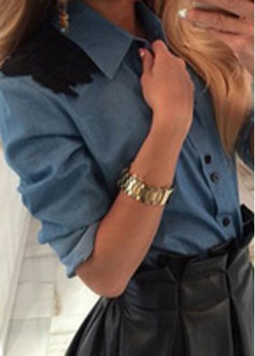 Rosewe Turndown Collar Lace Panel Blue Shirt