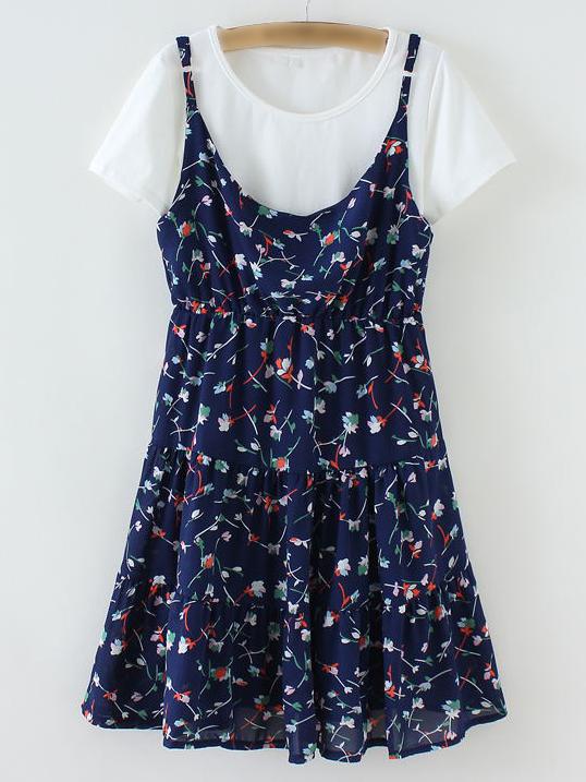 Shein White Plain T-shirt With Printed Skater Dress