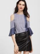 Shein Vertical Striped Bow Back Cold Shoulder Ruffle Sleeve Top