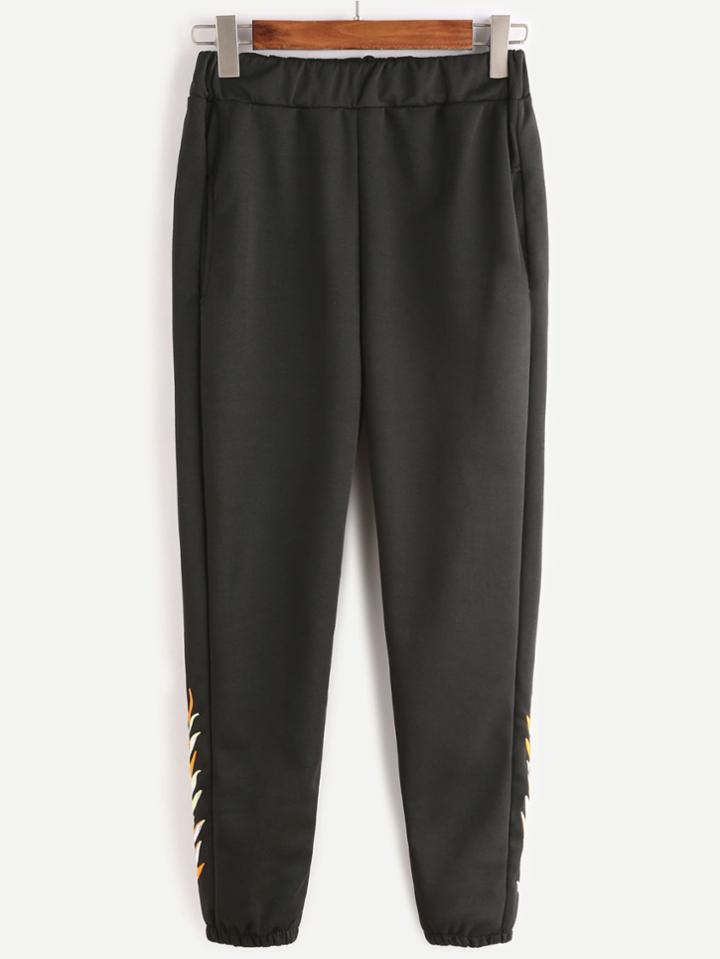 Shein Black Elastic Waist Embroidered Hem Pants