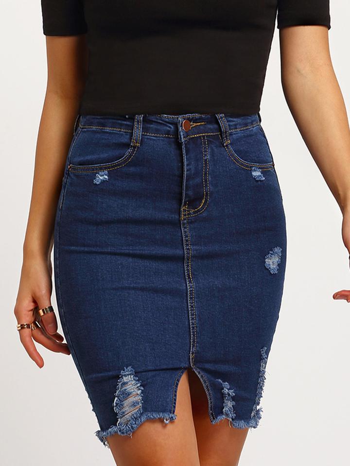 Shein Navy Ripped Split Denim Skirt
