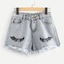 Shein Raw Hem Eye Embroidered Denim Shorts